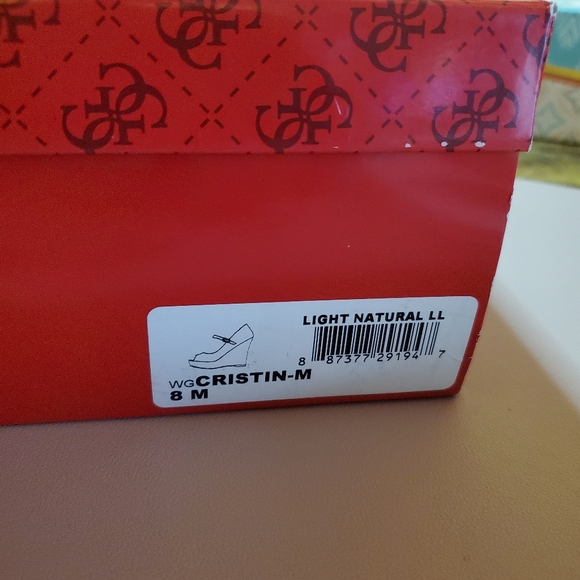 GUESS by Christin Natural Peep Toe Patent Leather Wedges- 8M - Picture 10 of 10